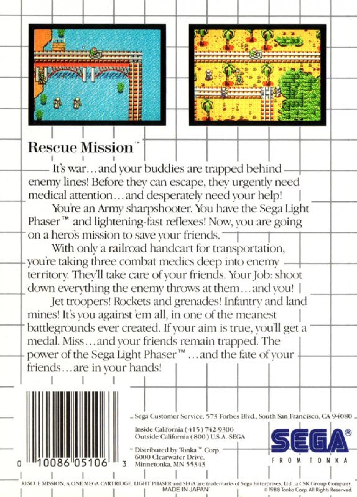 Rescue Mission – Sega Master System (SMS) back of box for rail shooter video game