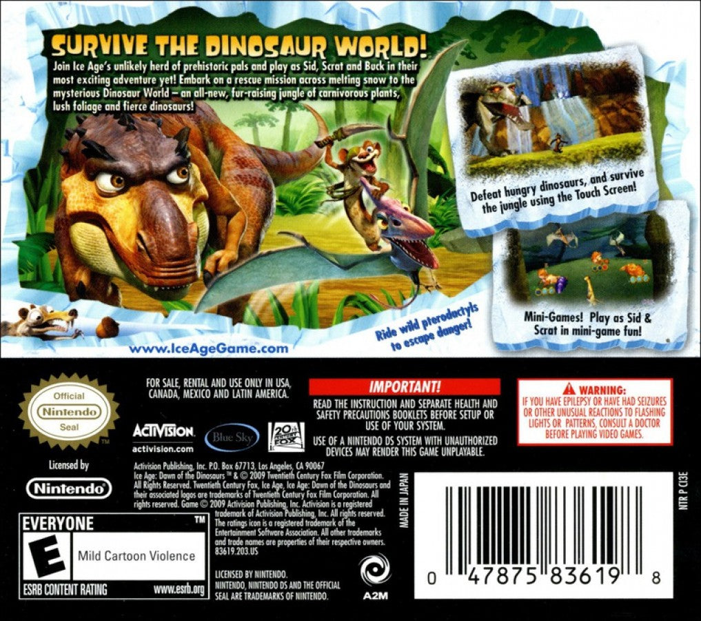 Ice Age Dawn of the Dinosaurs Nintendo DS DS for action adventure video game fans featuring Scrat and Ice Age characters dinosaur encounters prehistoric environments platforming challenges puzzle solving mini games colorful levels and family friendly portable Nintendo DS gameplay collectible gaming appeal back cover art