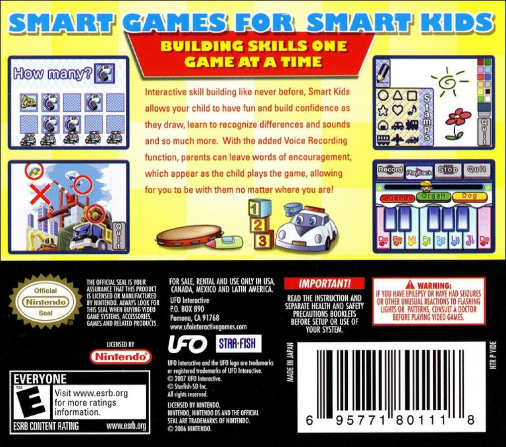 Smart Kid’s Gameclub Nintendo DS video game, educational mini-game collection, learning-focused gameplay, family-friendly handheld console title back cover