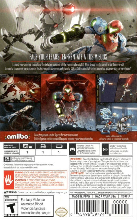 Metroid Dread back of box for Nintendo Switch (NS) video game