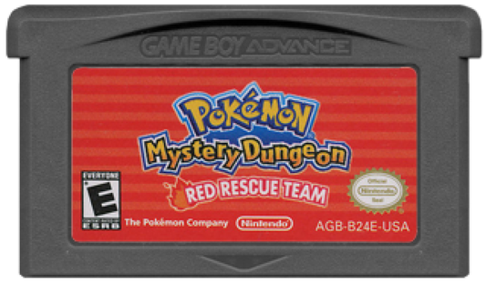 Pokemon Mystery Dungeon Red Rescue Team Game Boy Advance cartridge for retro video game featuring dungeon crawling adventure gameplay, Pokémon rescue missions, turn based exploration, randomly generated dungeons, beloved Pokémon characters, and classic handheld RPG action on GBA