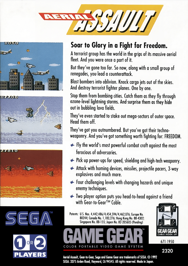 Aerial Assault back cover art for Sega Game Gear (GG) video game