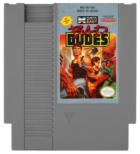 Bad Dudes retro NES video game Bad Dudes side scrolling beat em up action combat arcade style fighting cooperative gameplay classic console title Nintendo Entertainment System release cartridge