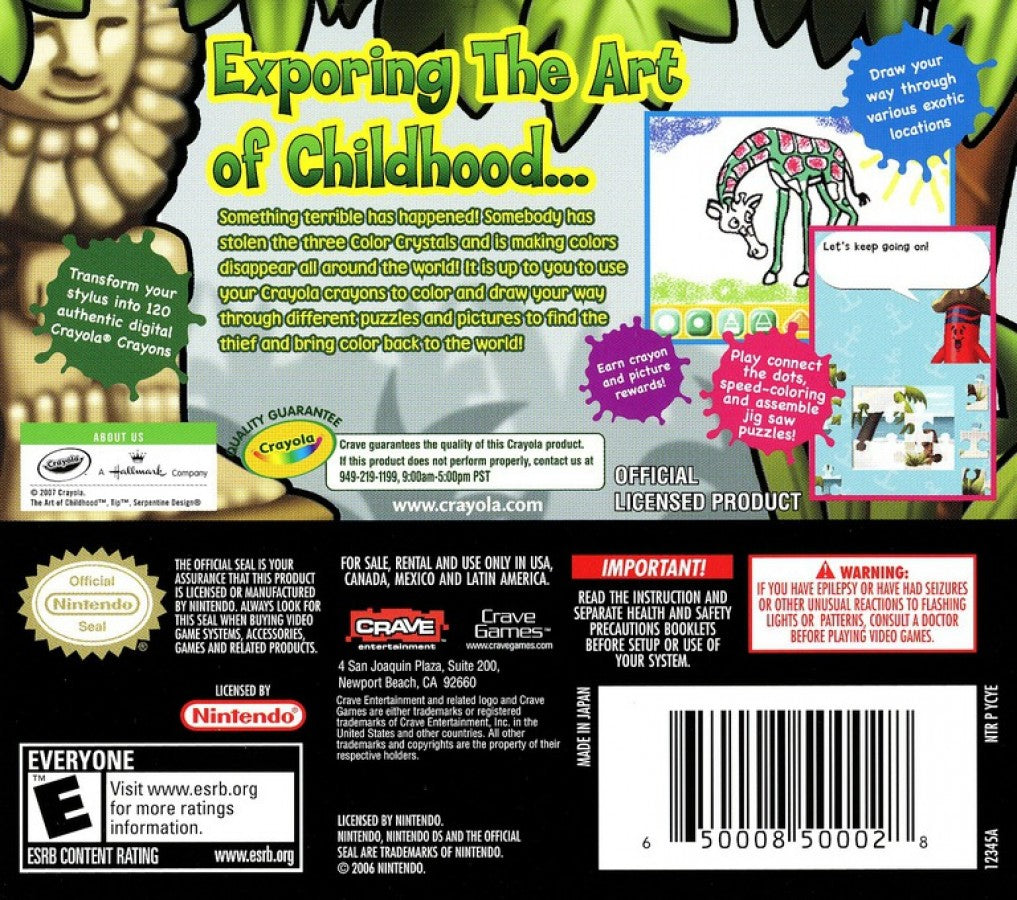 Crayola Treasure Adventures Nintendo DS for family adventure video game fans featuring creative exploration colorful environments treasure hunting mini games motion controls kid friendly gameplay puzzle solving imaginative challenges and collectible gaming appeal back cover art