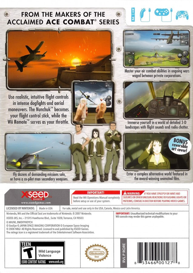 The Sky Crawlers Innocent Aces Nintendo Wii for flight combat video game fans featuring immersive aerial dogfights motion controls military aircraft missions cinematic storytelling arcade style flying intense air battles anime inspired world challenging campaign collectible gaming appeal back cover art