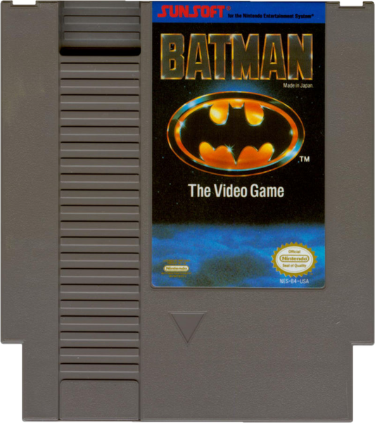 Batman The Video Game game for the Nintendo Entertainment System featuring side scrolling action platformer gameplay with wall jumping mechanics projectile weapons and challenging levels as Batman battles enemies across Gotham City inspired by the 1989 film cartridge