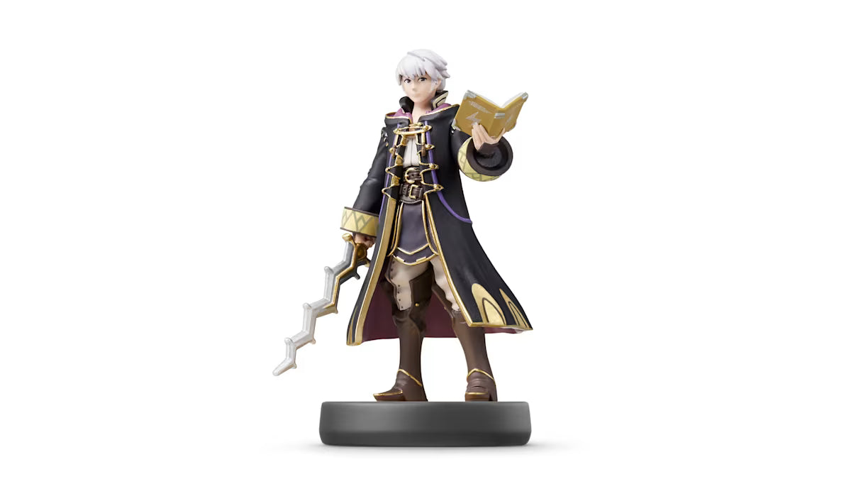 Robin Super Smash Bros series amiibo figure Fire Emblem tactician with Levin Sword and Nosferatu tome included training compatible loose figure good condition for Fire Emblem Fates extra content Breath of the Wild treasure drops and Smash Bros training compatibility plus other supported Nintendo software