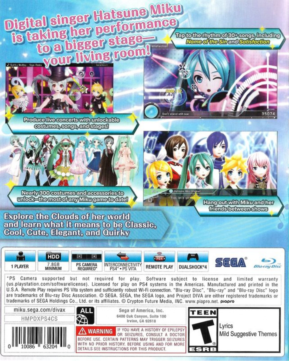Hatsune Miku Project DIVA X for PS4 featuring rhythm gameplay with virtual idol performances and anime style visuals back cover art