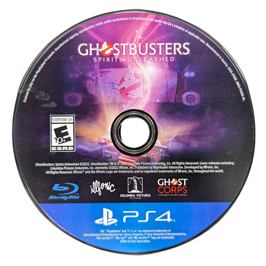 Ghostbusters: Spirits Unleashed for PlayStation 4 (PS4) at Gamers INC, featuring fun asymmetrical multiplayer where teams of Ghostbusters hunt a player-controlled ghost, with customizable gear, classic Ghostbusters humor, and spooky haunted locations to capture or escape from the paranormal chaos disc