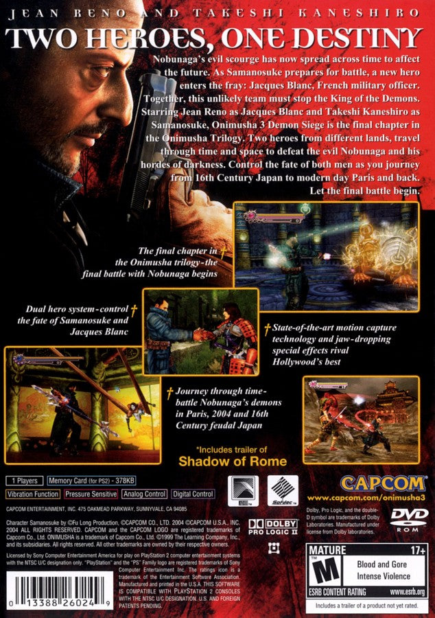 Onimusha 3 Demon Siege for the PlayStation 2 featuring action adventure gameplay with samurai and modern day characters demon slaying combat cinematic storytelling and time travel between feudal Japan and Paris back cover art