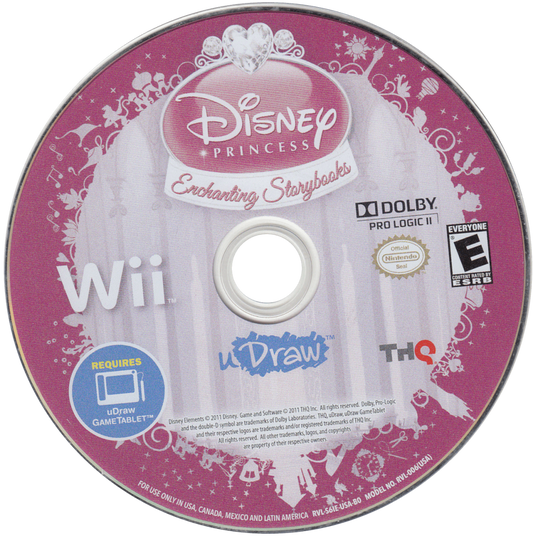 uDraw: Disney Princess: Enchanting Storybooks disc art for Nintendo Wii (Wii) featuring interactive art and storytelling with Disney Princess adventures.