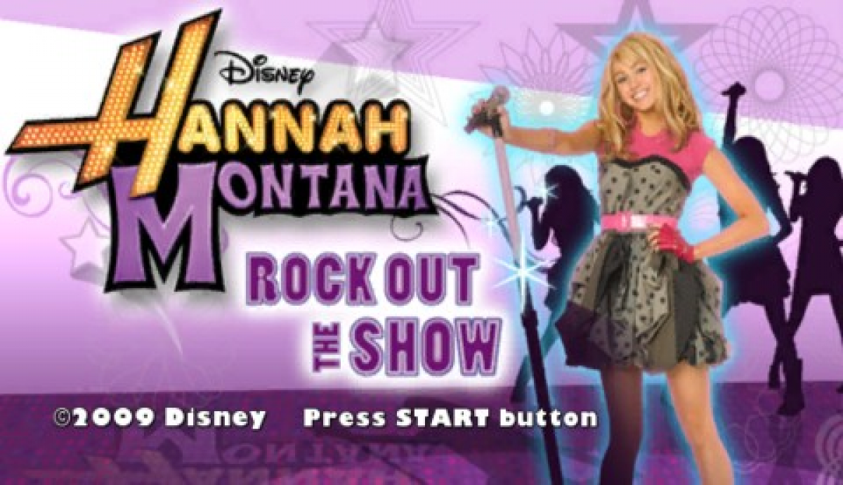 Hannah Montana: Rock It Out title screen for Playstation Portable (PSP). A rhythm‑focused music game starring Hannah Montana, featuring pop‑concert performances, dance routines, and customization elements inspired by the show.