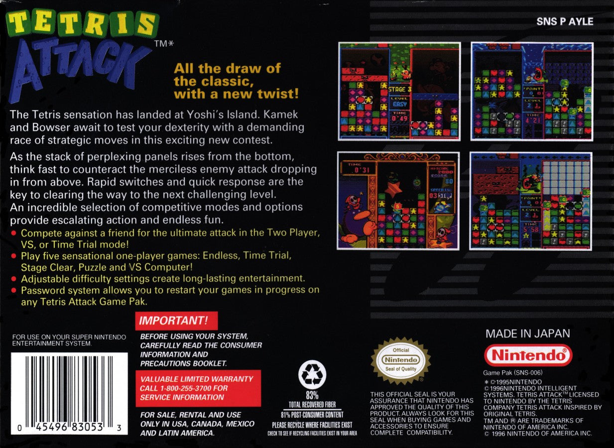 Tetris Attack for Super Nintendo Entertainment System with colorful tile-matching puzzle gameplay theme back cover