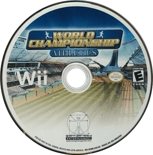 World Championship Athletics disc art for Nintendo Wii (Wii) featuring track‑and‑field sports competition with sprinting, jumping, and throwing events, motion‑based controls, and international tournament gameplay.