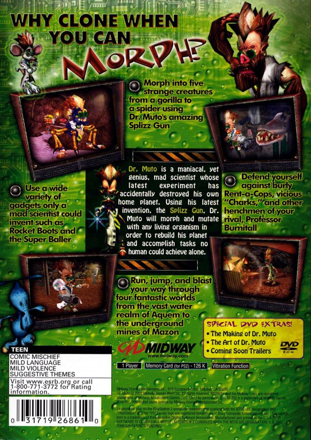 Dr Muto PlayStation 2 retro video game platformer back of case (2002)