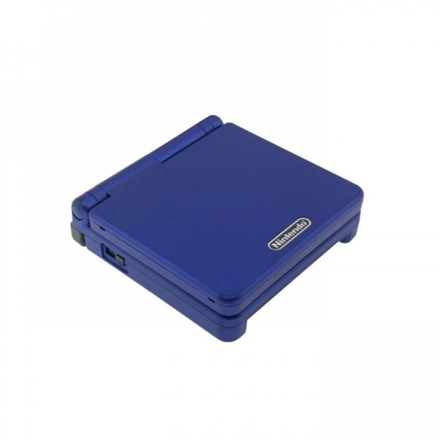Cobalt Blue Game Boy Advance SP handheld console featuring compact flip design and retro gaming style closed