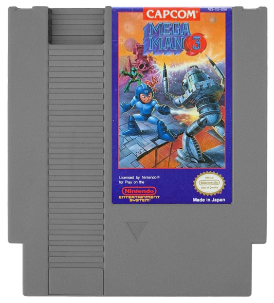 Mega Man 3 Nintendo Entertainment System NES video game featuring action platforming gameplay Mega Man robot battles enemy encounters weapon abilities boss fights challenging stages side scrolling action and classic 8 bit Capcom Nintendo gameplay retro video game collection collectible gaming appeal game cartridge