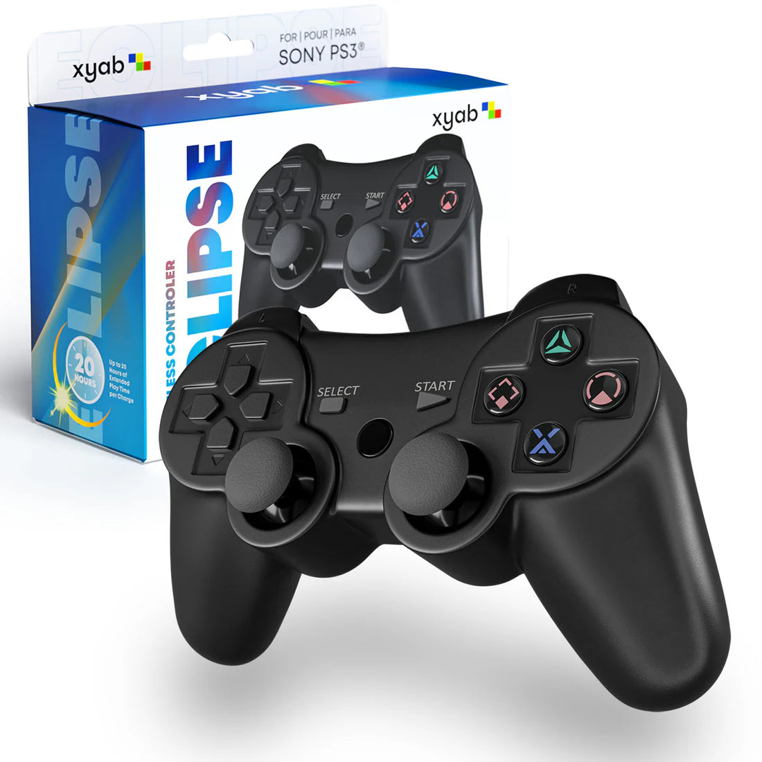 XYAB brand 1-to-1 third-party wireless controller for PlayStation 3 featuring analog sticks, action buttons, shoulder buttons, and ergonomic design
