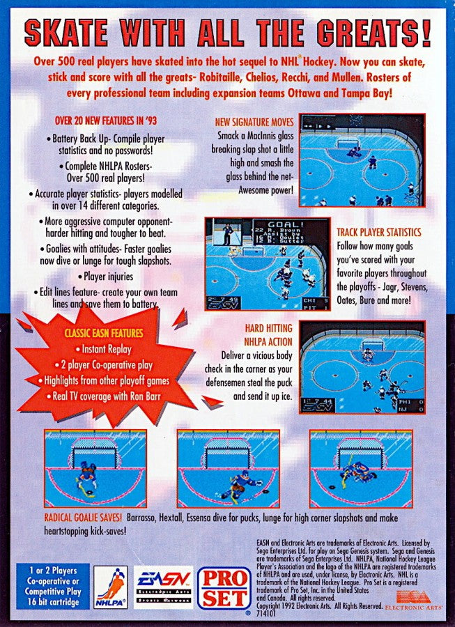 NHLPA Hockey 93 back cover art for Sega Genesis (GEN) video game