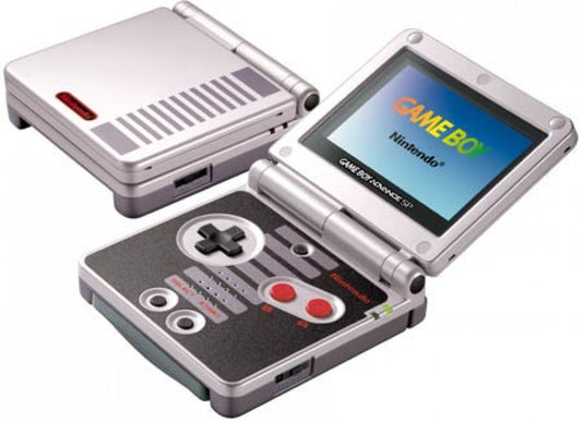 Game Boy Advance SP GBA SP AGS-101 NES Edition handheld gaming console featuring iconic NES inspired design bright backlit AGS-101 screen foldable clamshell form factor rechargeable battery Game Boy Advance and compatible Game Boy Color games portable gaming and visible scratches and scuffs collectible Nintendo hardware appeal