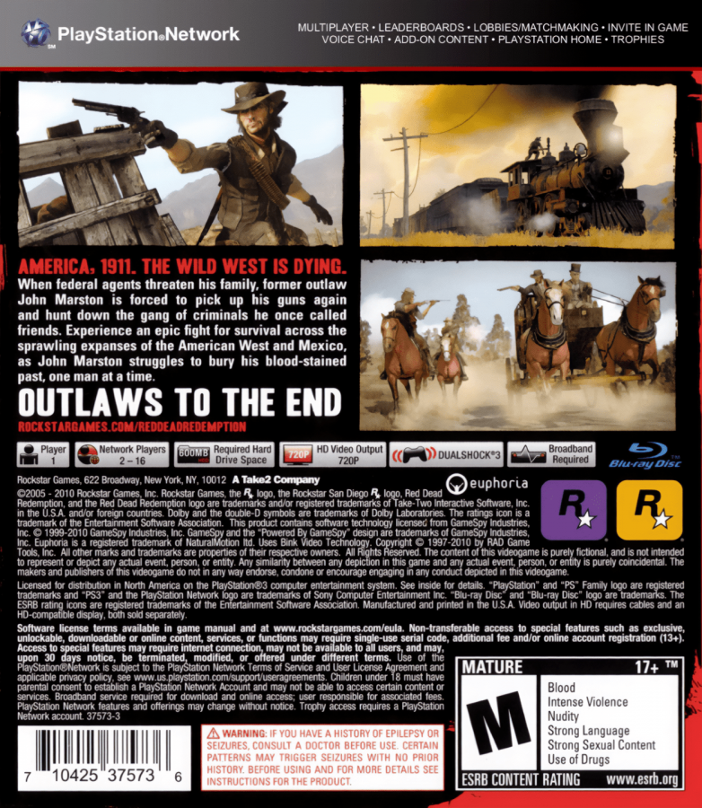 Red Dead Redemption back cover art for PlayStation 3 (PS3) video game