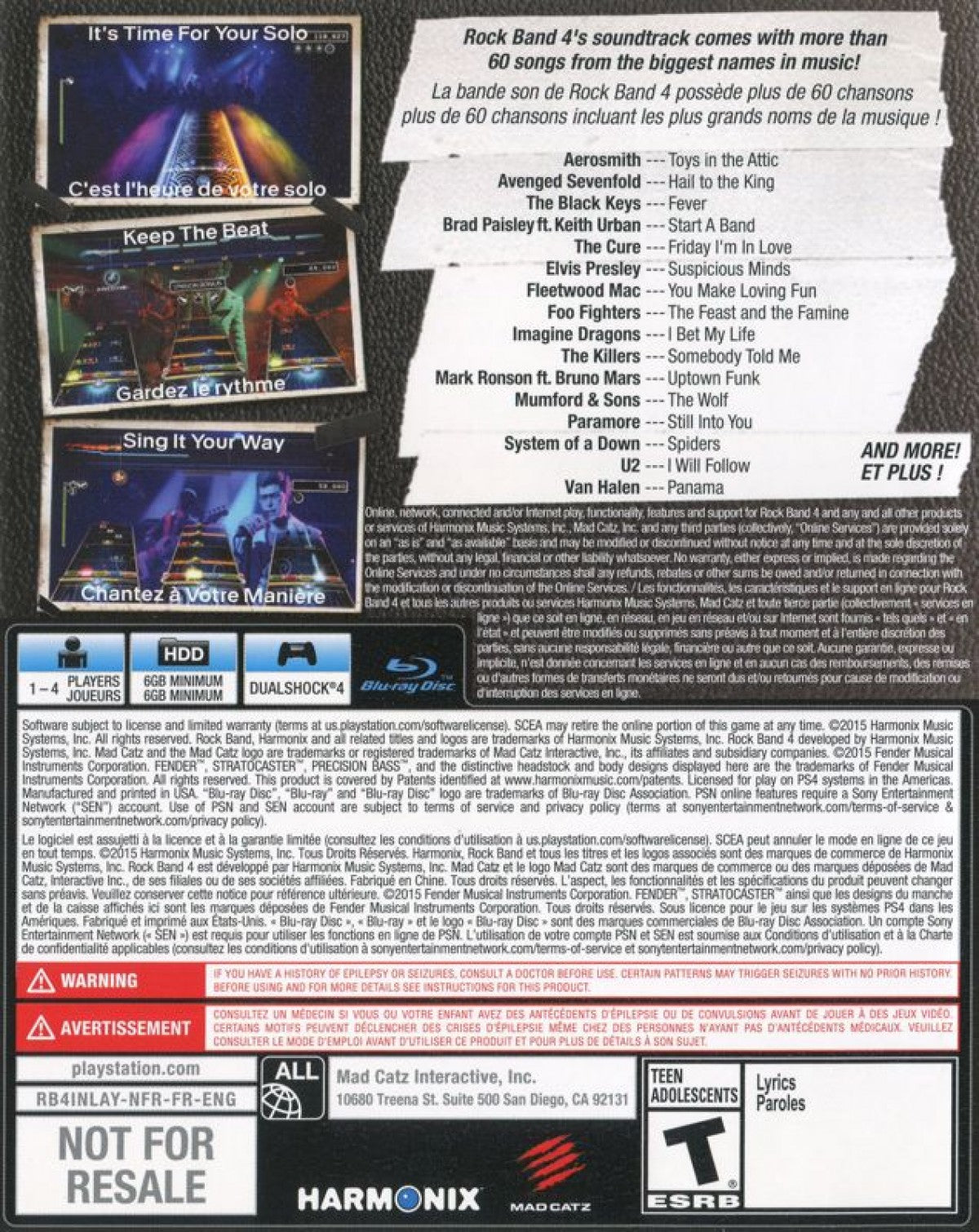 Rock Band 4 – PlayStation 4 (PS4) video game back of case, rhythm music game