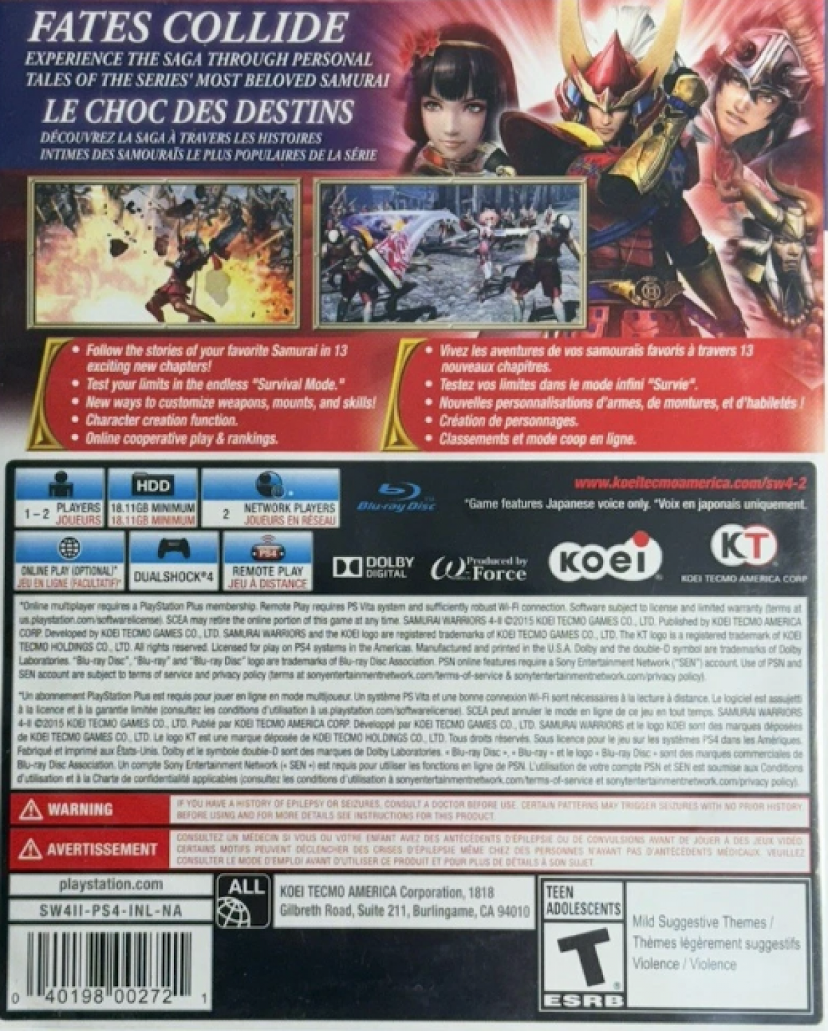 Samurai Warriors 4-II – PlayStation 4 (PS4) video game back of case, hack-and-slash action title