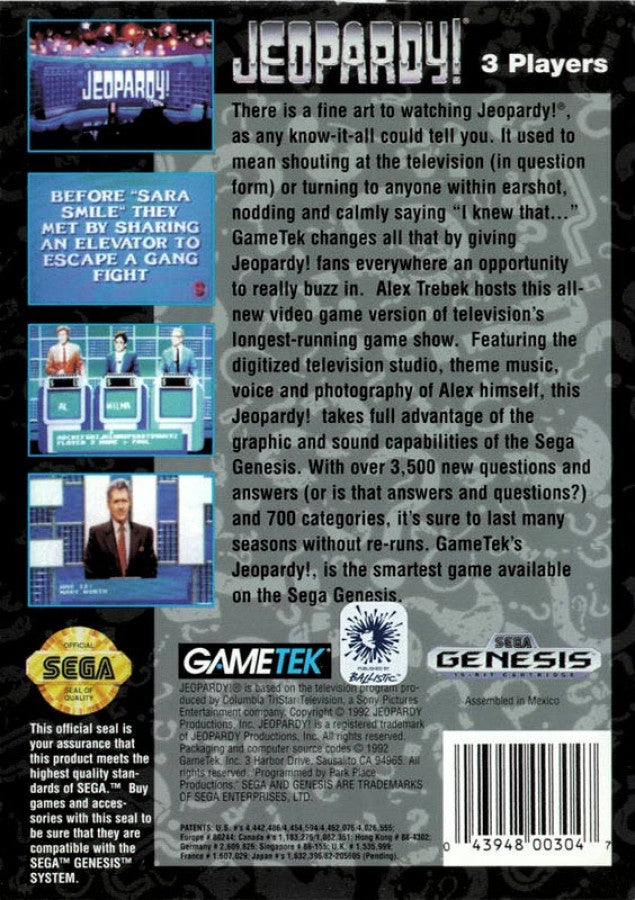 Jeopardy back cover art for Sega Genesis (GEN) video game