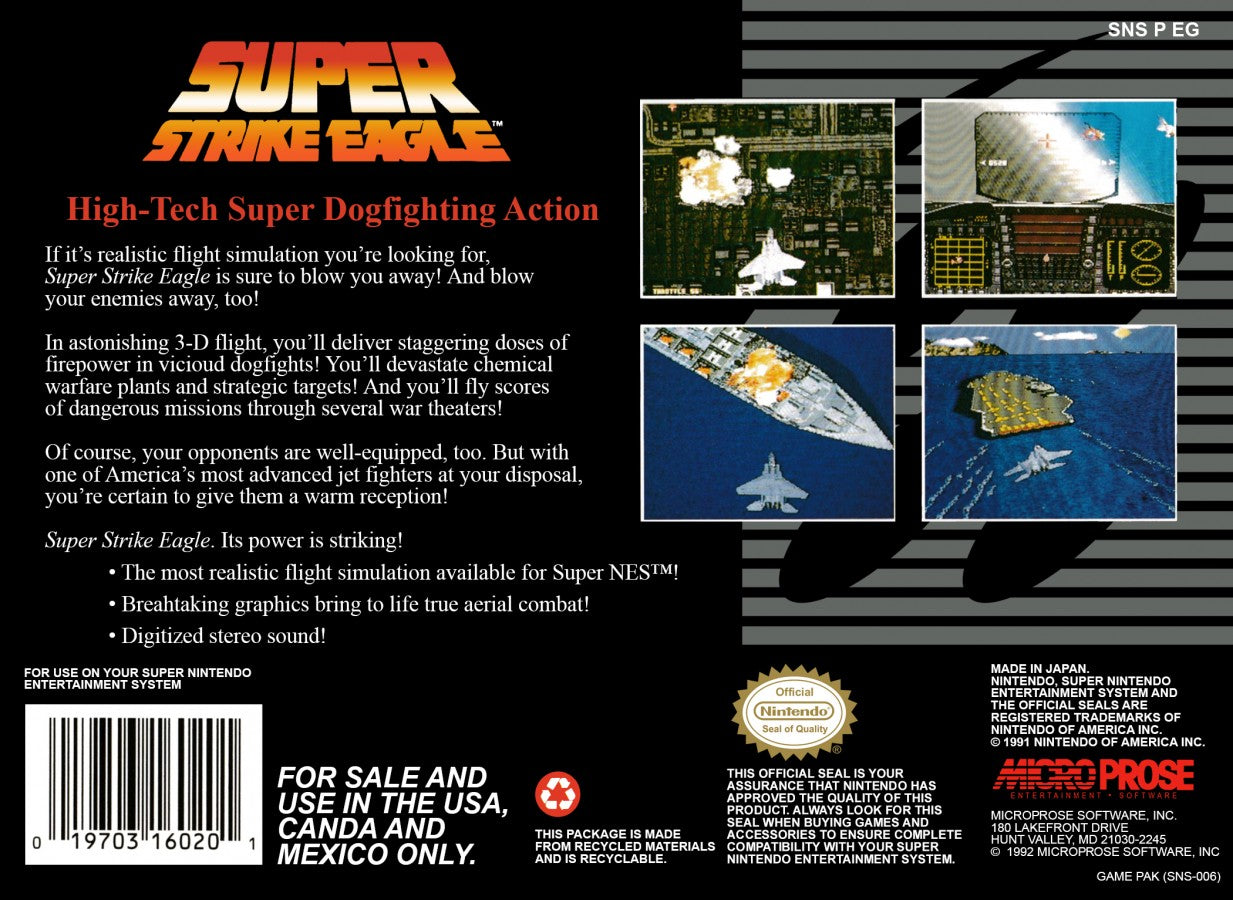 Super Strike Eagle retro SNES video game Super Strike Eagle military flight combat simulation jet fighter aerial warfare action gameplay console title Super Nintendo release back of case