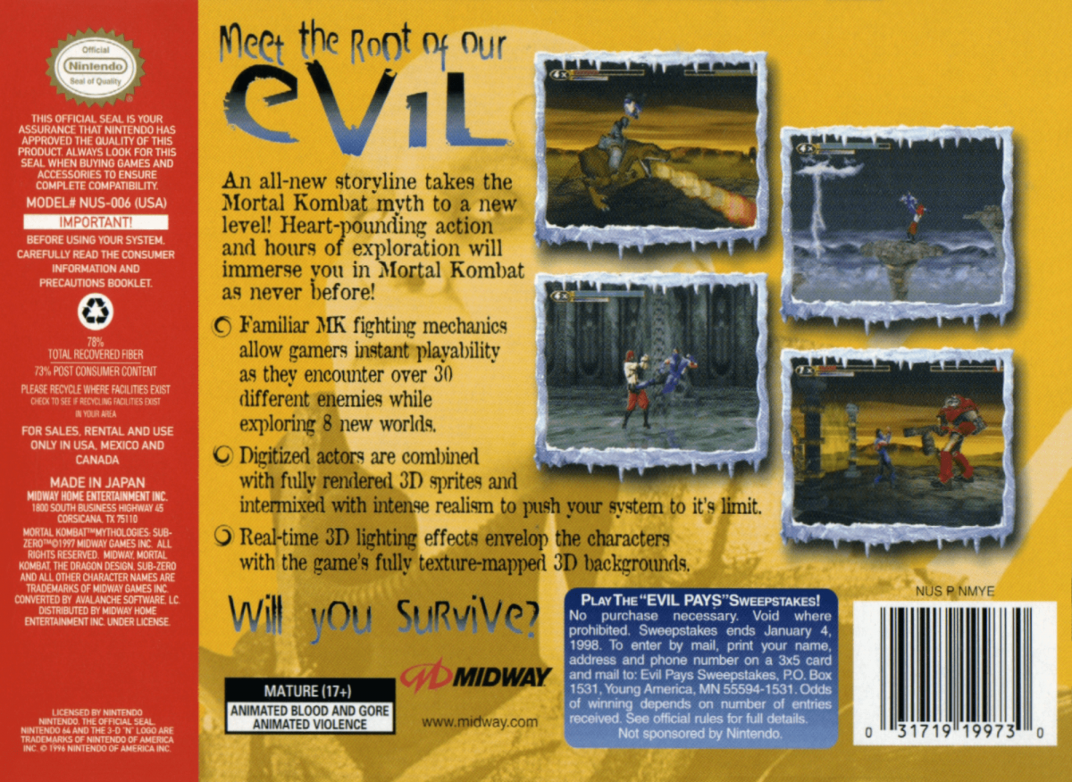 Mortal Kombat Mythologies: Sub-Zero back cover art for Nintendo 64 (N64) video game