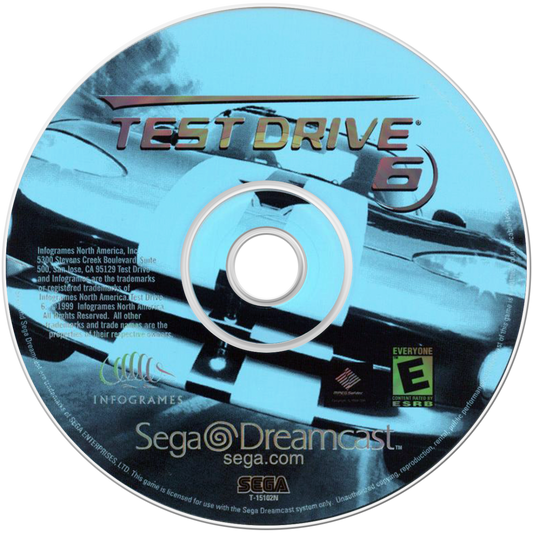 Test Drive 6 game for the Sega Dreamcast featuring arcade style racing gameplay with multiple licensed cars high speed street and circuit races police chases and various international tracks with competitive driving modes disc