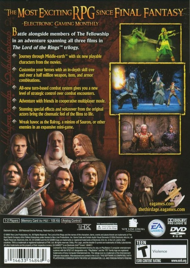 The Lord of the Rings: The Third Age – PlayStation 2 (PS2) video game back of case, turn-based role-playing game.