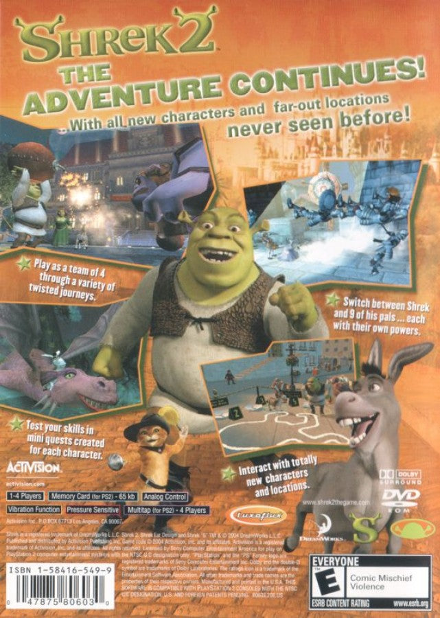 Shrek 2 – PlayStation 2 (PS2) video game back of case, action-adventure platformer game.