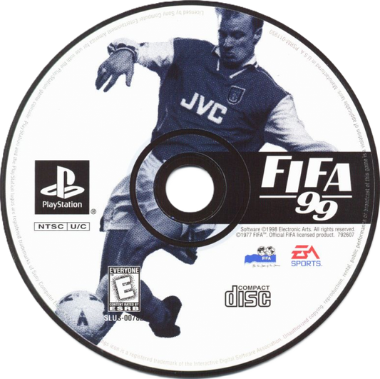 FIFA 99 for PlayStation 1 soccer sports video game featuring official international teams and leagues, realistic gameplay mechanics, tournament and season modes, and classic EA Sports football experience disc