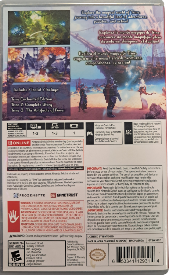 Trine Series 1–3 Nintendo Switch inspired design featuring fantasy puzzle platform adventure collection aesthetic magical heroes cooperative gameplay physics based challenges enchanting fairytale worlds and side scrolling exploration across three classic journeys presentation back cover