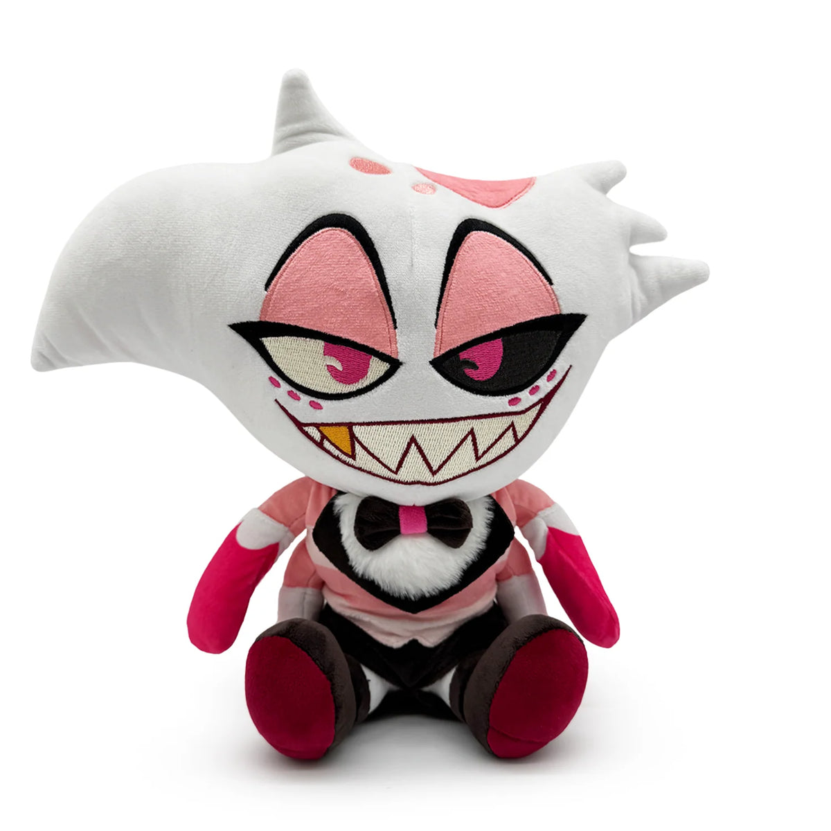 Angel Dust 9 Inch Plush Hazbin Hotel collectible plush toy featuring Angel Dust character pink and white design distinctive spider inspired appearance soft stuffed figure detailed character styling 9 inch display size animated series merchandise plush toy collection shelf decor fan gift and collectible appeal