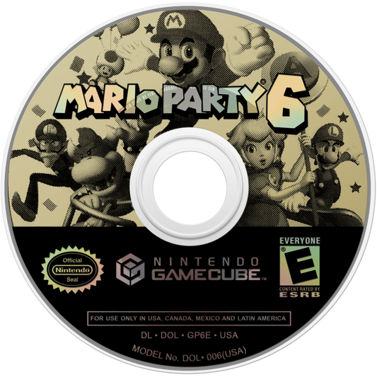 Mario Party 6 game for the Nintendo GameCube featuring party style gameplay with board game mechanics day and night cycle system mini games multiplayer modes and competitive challenges starring Mario and friends across themed boards disc