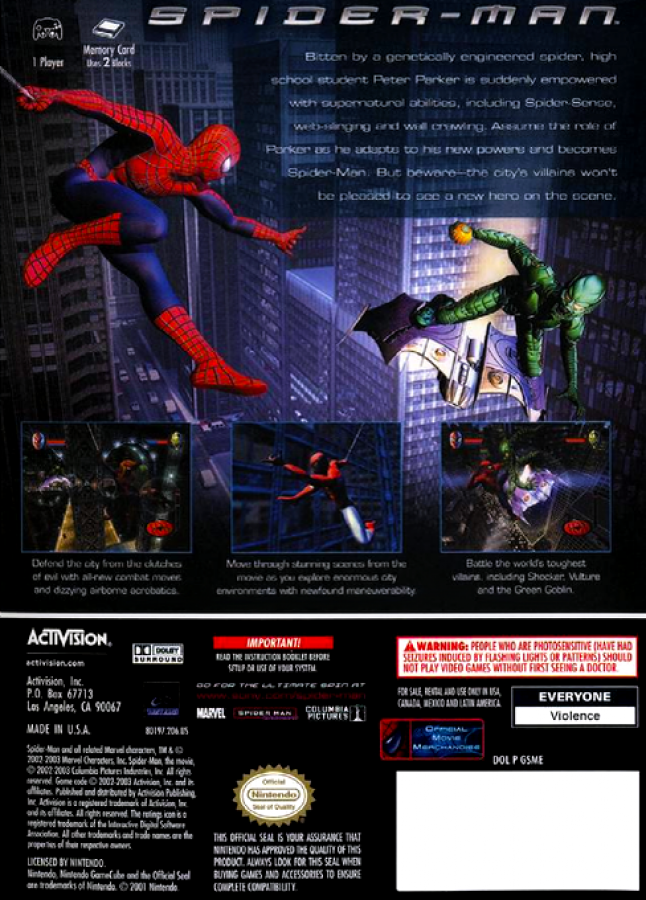 Spider-Man back of case for Nintendo GameCube (GC) superhero action adventure video game