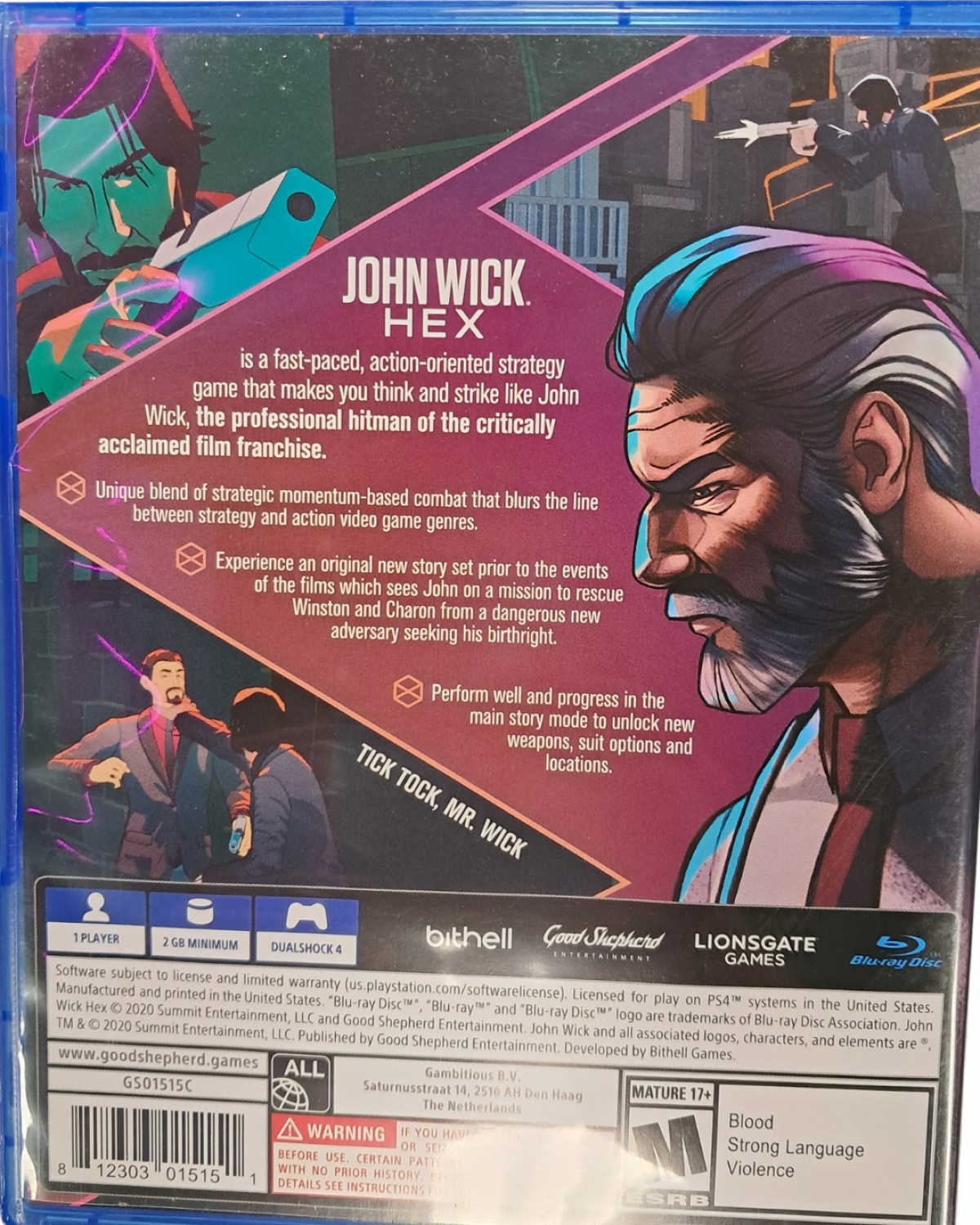 Retro John Wick Hex PS4 inspired design featuring tactical action strategy aesthetic neon noir assassin gameplay stylized gun fu combat cinematic hitman missions fast paced turn based combat inspired by the iconic action thriller franchise back cover
