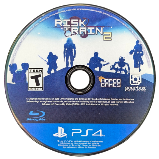 Risk of Rain 2 for PlayStation 4 (PS4) at Gamers INC, featuring frantic co-op roguelike action in full 3D where you battle escalating hordes, stack outrageous item combos, and fight to survive on a mysterious alien planet with endlessly scaling difficulty disc