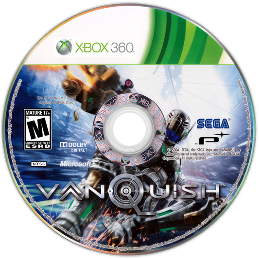 Retro Vanquish Xbox 360 inspired design featuring high speed sci fi third person shooter aesthetic vintage HD era futuristic powered armor sliding combat bullet time action explosive robot warfare sleek industrial sci fi battlefield nostalgic PlatinumGames presentation disc