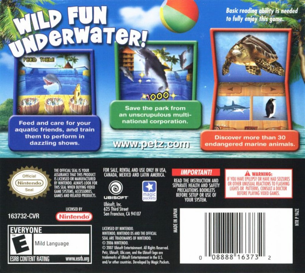 Petz Wild Animals Dolphinz for Nintendo DS, back of case for a pet simulation video game featuring dolphins and marine animal care gameplay with casual interactive activities
