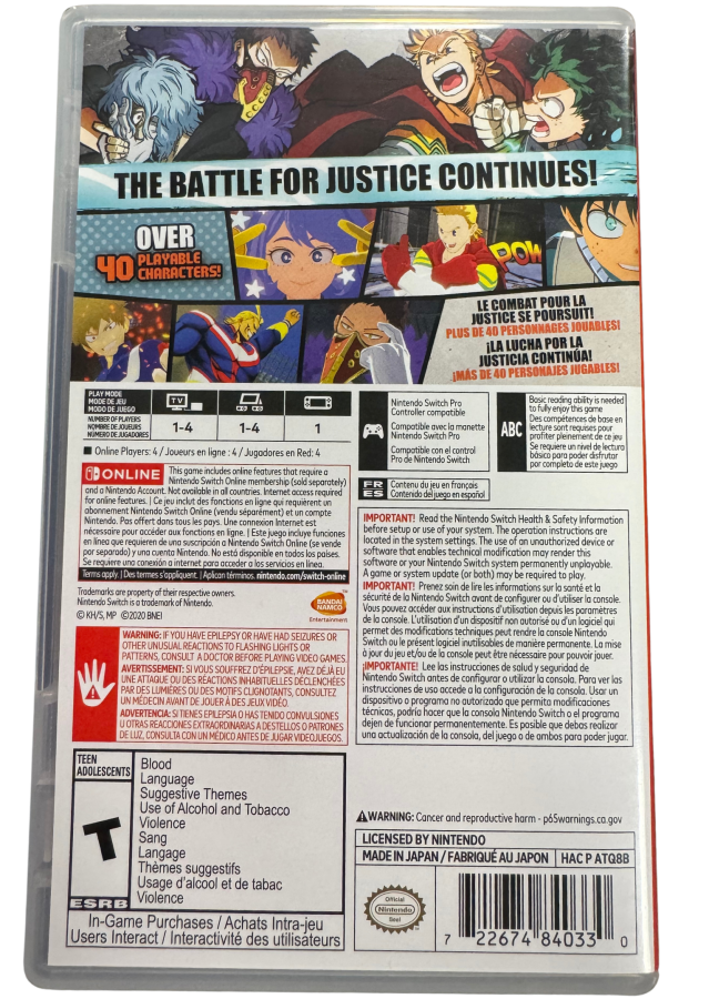 My Hero One's Justice 2 Collector's Edition Missing Collector's Box Nintendo Switch NS video game featuring My Hero Academia fighting gameplay anime characters Quirks special attacks arena battles hero and villain combat story mode Nintendo Switch gaming retro video game collection collectible gaming appeal back cover art