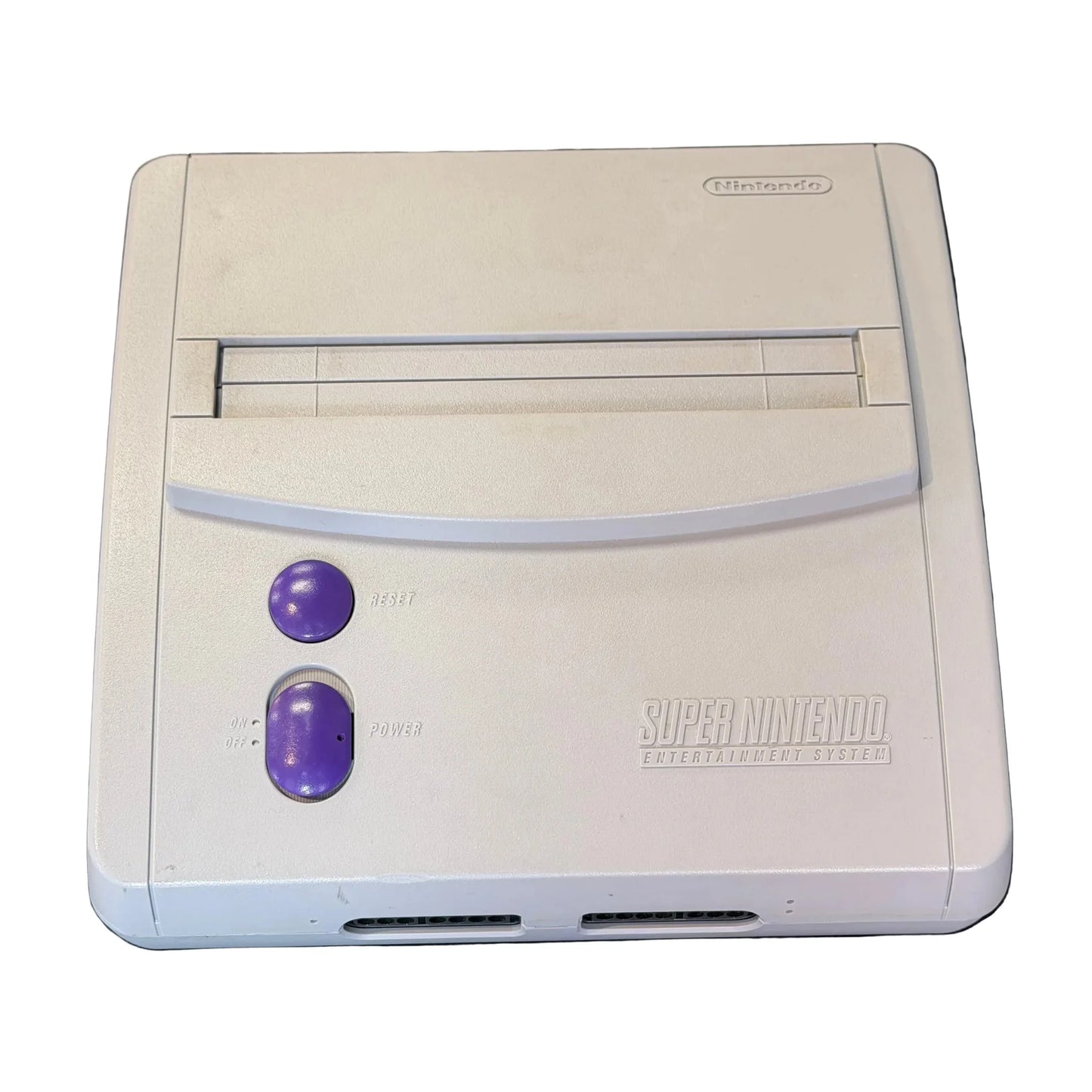 SNES Jr console inspired design featuring compact Super Nintendo entertainment system aesthetic redesigned retro gaming hardware streamlined console body classic 16 bit gaming nostalgia iconic Nintendo home console presentation top