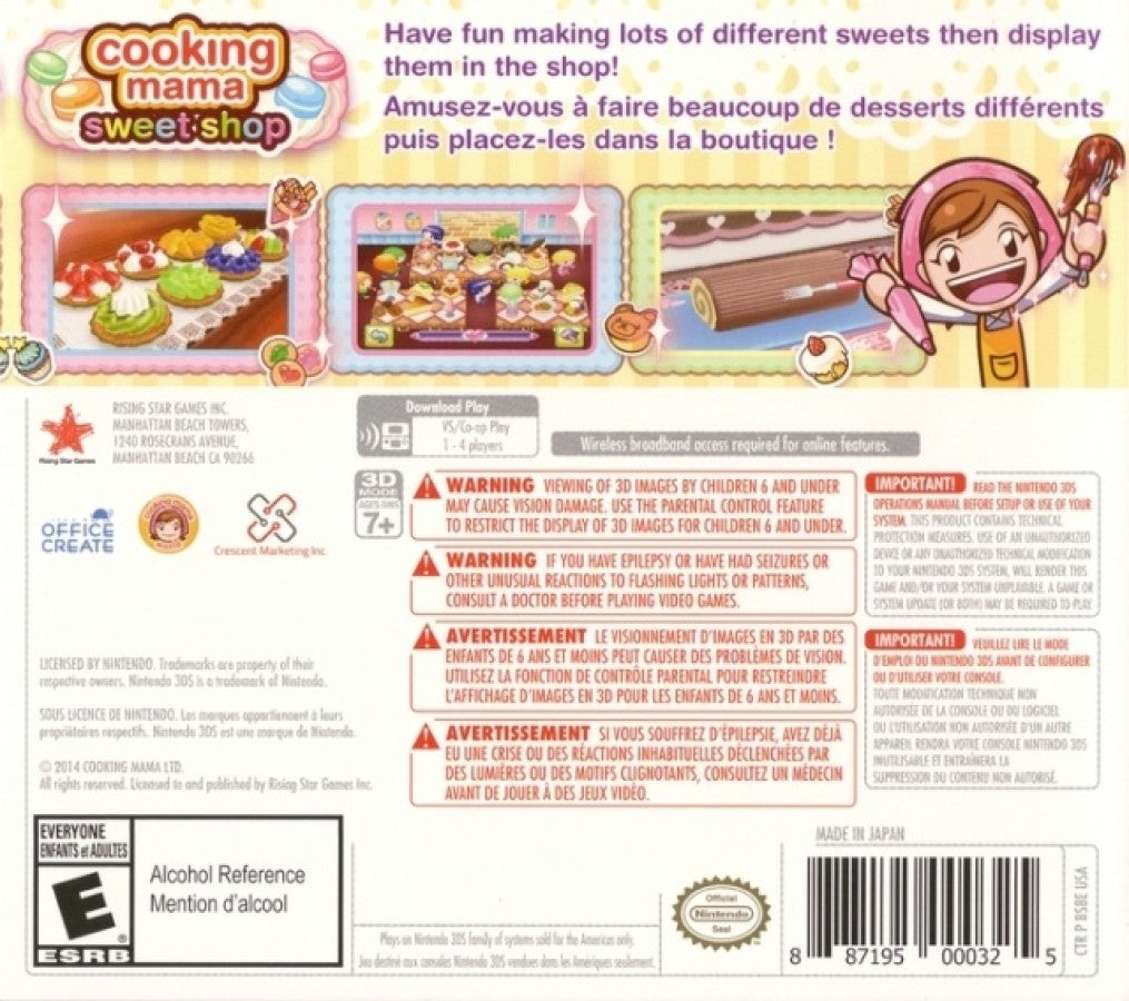 Cooking Mama Sweet Shop Nintendo 3DS 3DS back of case for retro video game enthusiasts featuring casual cooking simulation gameplay sweet shop dessert making activities mini game based mechanics touch screen interactions colorful family friendly presentation and portable handheld casual gaming experience and collectible gaming appeal