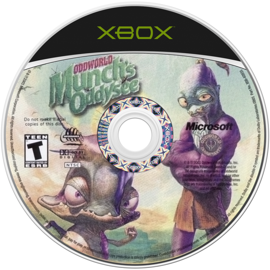 Oddworld Munchs Oddysee retro Xbox video game Oddworld platform adventure puzzle solving quirky alien characters cinematic storytelling action exploration console title Xbox release disc