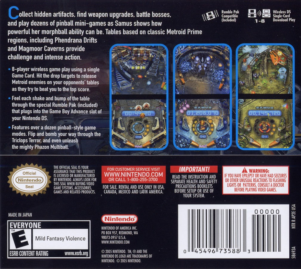 Metroid Prime Pinball game for the Nintendo DS featuring pinball style gameplay with Metroid themed tables boss battles power ups and fast paced arcade action using touch controls back cover art