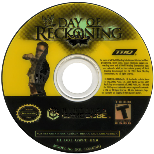 Disc art for WWE Day of Reckoning GameCube GC video game, professional wrestling, fighting simulation, multiplayer, sports entertainment, Nintendo GameCube title