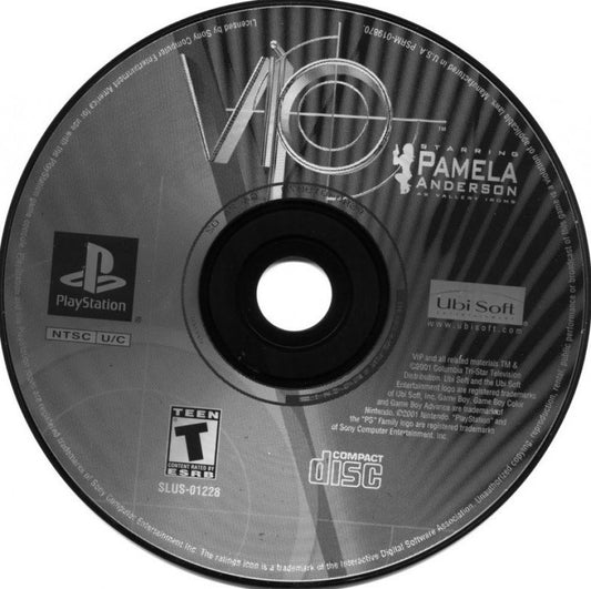 V.I.P. for PlayStation 1 action adventure game based on the Pamela Anderson TV series featuring shooting missions stealth gameplay and spy themed story disc