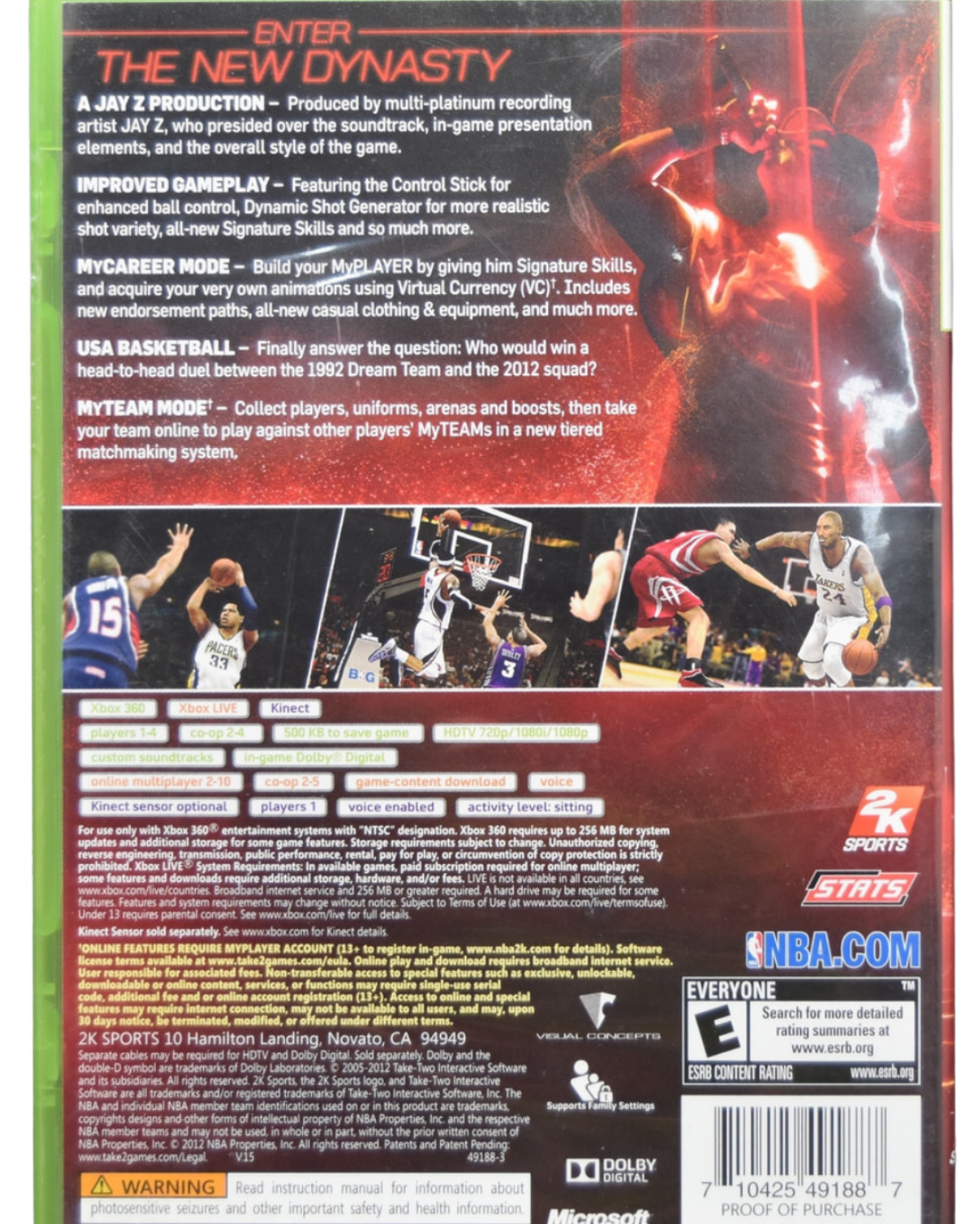 NBA 2K13 for Xbox 360 basketball sports video game featuring realistic NBA simulation official teams and players immersive MyCareer mode competitive multiplayer and authentic broadcast style presentation back cover